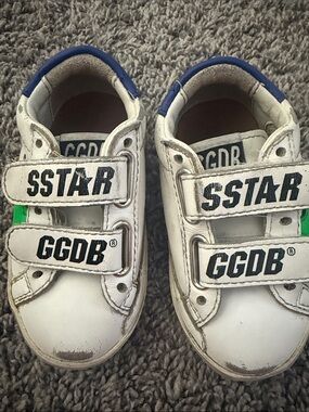 Golden Goose Kids White Sneakers with Blue Trim and Green Accent